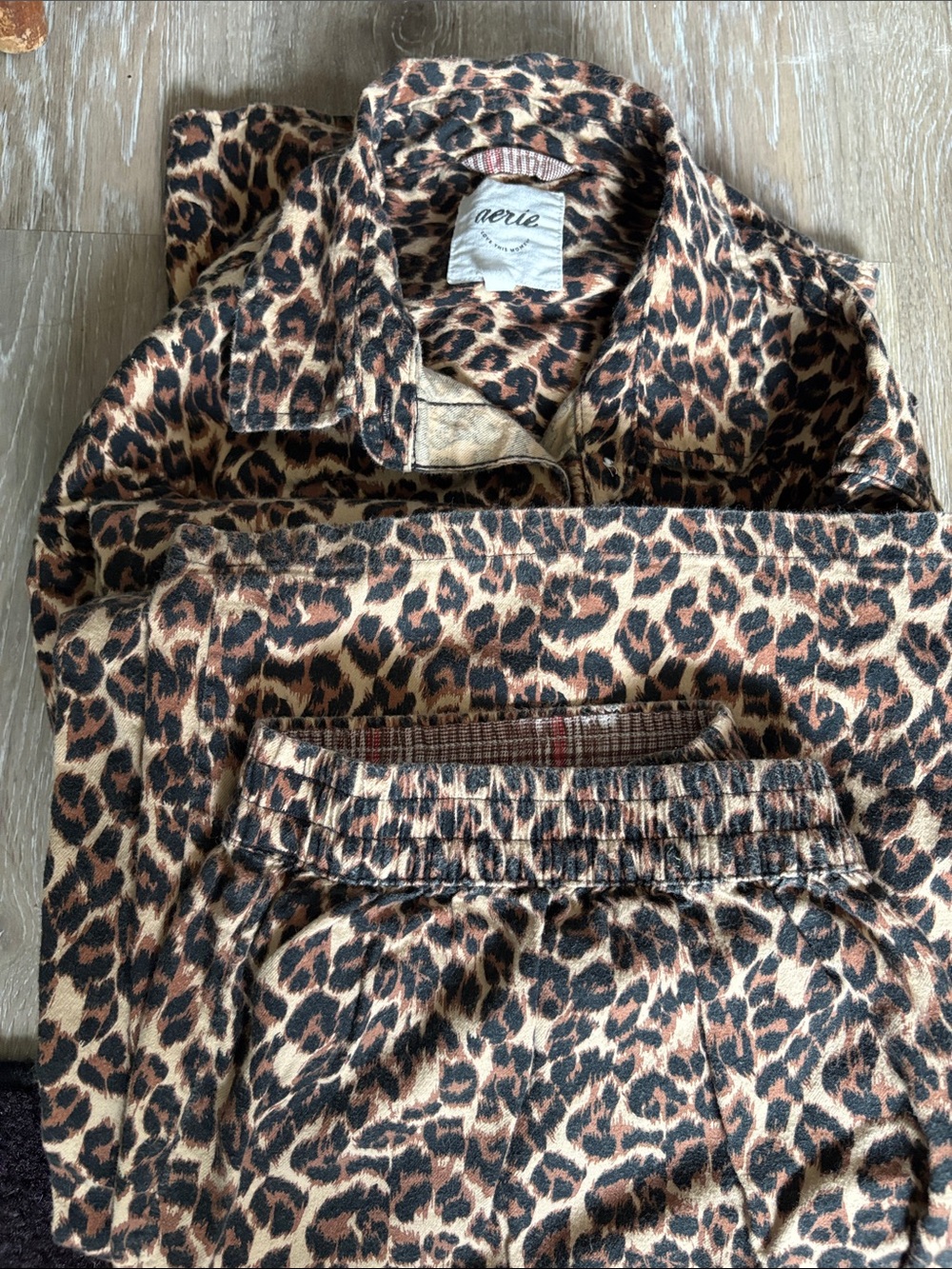 aerie Leopard Animal Print Pajama Set - Brown Black Cream